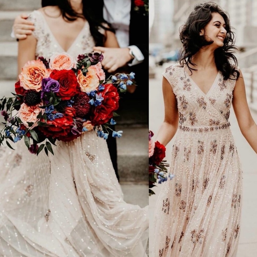Mac Duggal Cream and Gold Maxi Dress